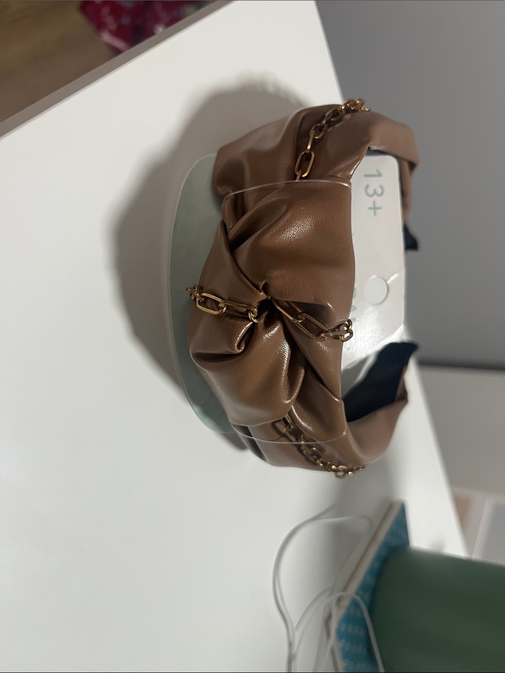 Brown Leather-Style Chain Accent Headband